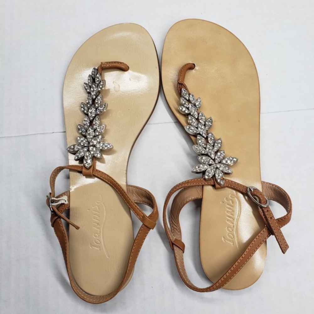 Ioannis Crystal Thong Sandals Womens US 7.5 EU 38‎ Tan Leather Embellished Flat
